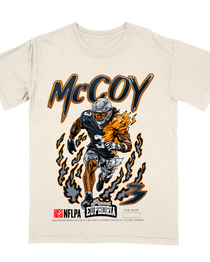 Jermod McCoy V2 Las Vegas Raiders football graphic t-shirt from Planet Euphoria, off-white shirt, front view