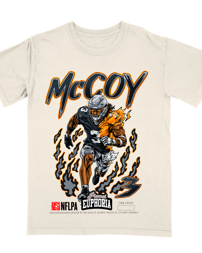 Jermod McCoy V2 Las Vegas Raiders football graphic t-shirt from Planet Euphoria, off-white shirt, front view
