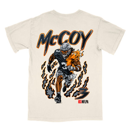 Jermod McCoy V2 Las Vegas Raiders football graphic t-shirt from Planet Euphoria, off-white shirt, front view