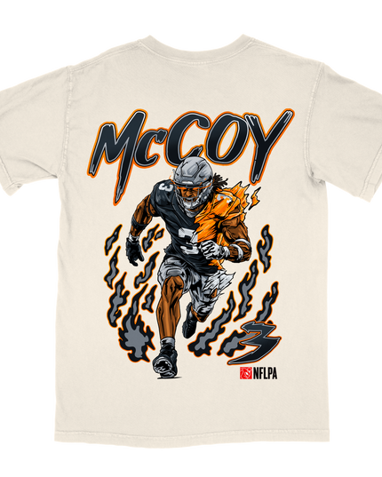 Jermod McCoy V2 Las Vegas Raiders football graphic t-shirt from Planet Euphoria, off-white shirt, front view