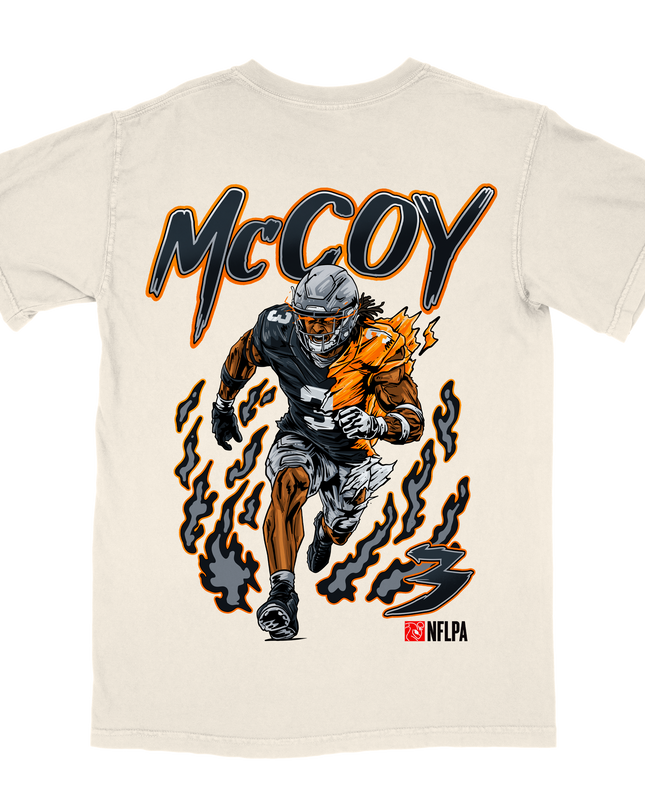 Jermod McCoy V2 Las Vegas Raiders football graphic t-shirt from Planet Euphoria, off-white shirt, front view
