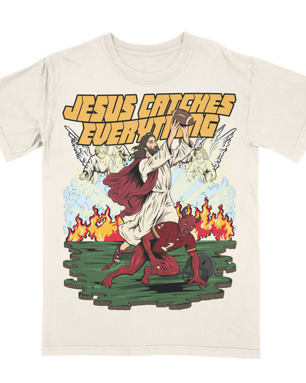 Jesus Catches Everything Football Funny graphic tee by Planet Euphoria in off-white, front view.