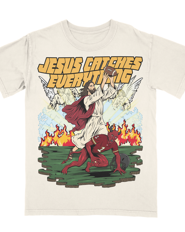 Jesus Catches Everything Football Funny graphic tee by Planet Euphoria in off-white, front view.