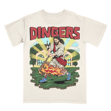 Jesus Hits Dingers 'DINGERS' Baseball graphic tee by Planet Euphoria in off-white, front view.