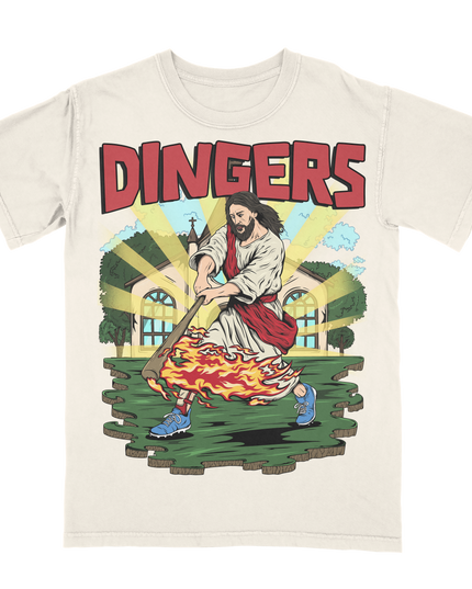 Jesus Hits Dingers 'DINGERS' Baseball graphic tee by Planet Euphoria in off-white, front view.