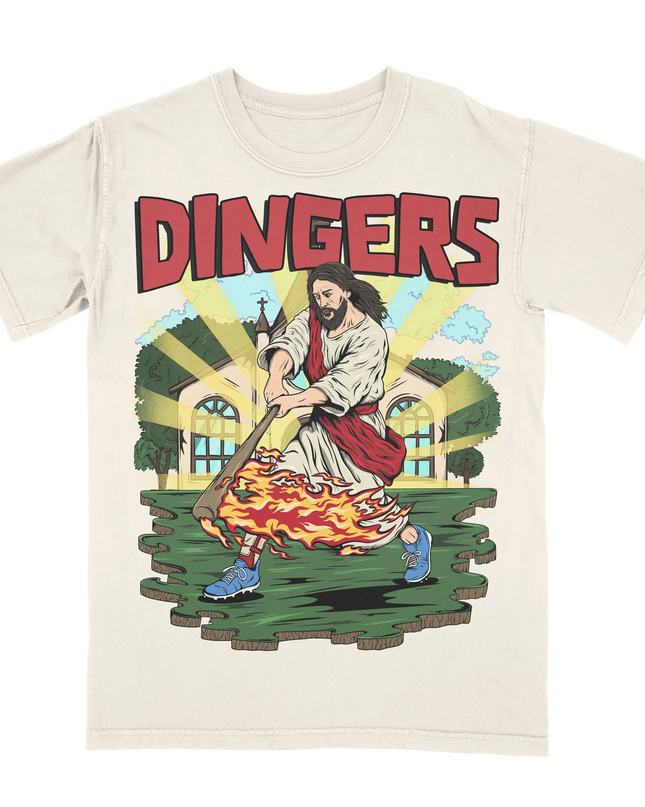 Jesus Hits Dingers 'DINGERS' Baseball graphic tee by Planet Euphoria in off-white, front view.