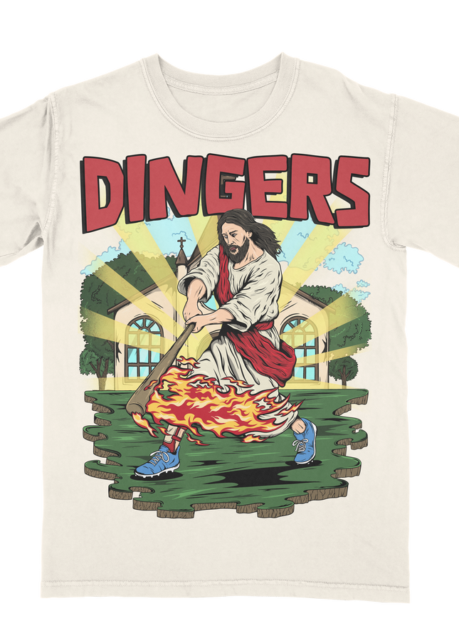 Jesus Hits Dingers 'DINGERS' Baseball graphic tee by Planet Euphoria in off-white, front view.