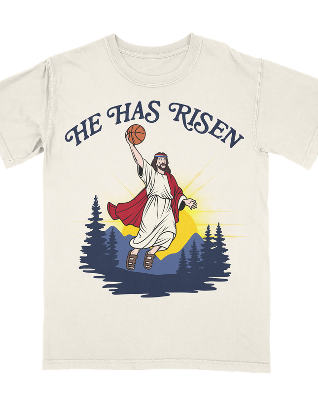 Jesus He Has Risen funny basketball graphic tee by Planet Euphoria in off-white, front view.