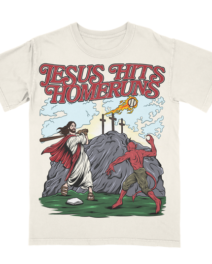 Jesus Hits Homeruns funny baseball graphic tee by Planet Euphoria in off-white, front view.