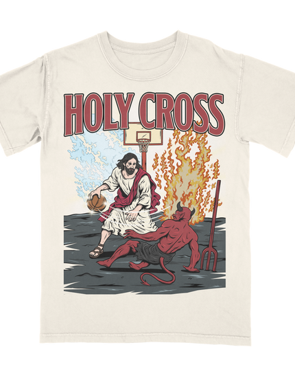 Jesus 'HOLY CROSS,' cross-over dribble basketball graphic tee by Planet Euphoria in off-white, front view.