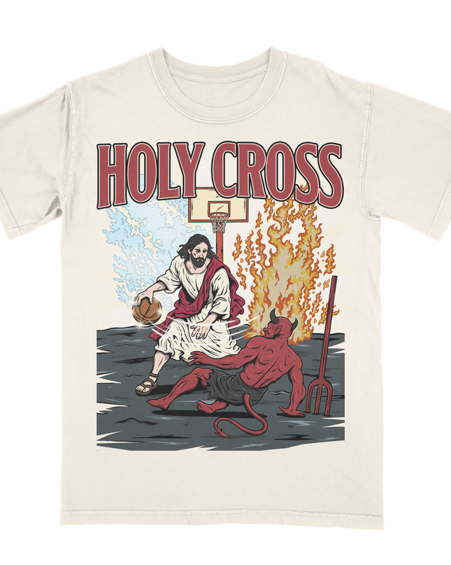 Jesus 'HOLY CROSS,' cross-over dribble basketball graphic tee by Planet Euphoria in off-white, front view.