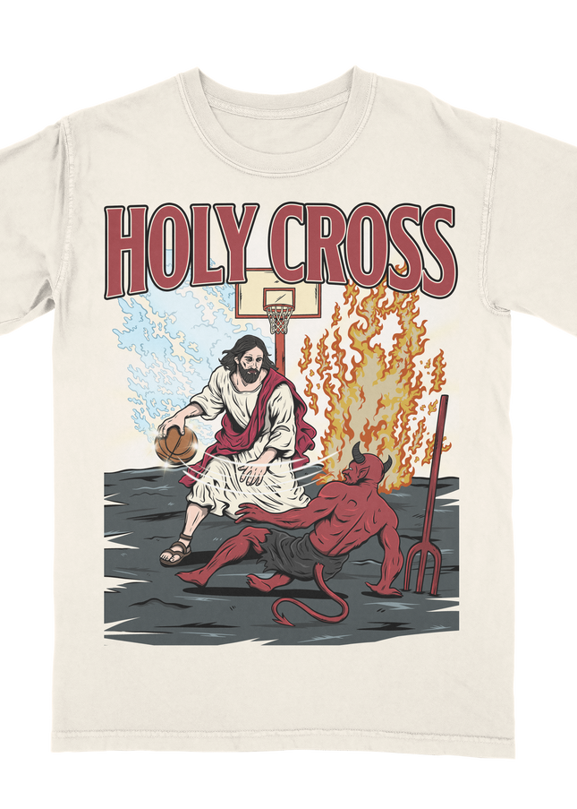 Jesus 'HOLY CROSS,' cross-over dribble basketball graphic tee by Planet Euphoria in off-white, front view.