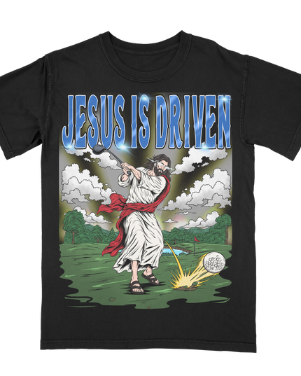 Planet Euphoria Jesus Is Driven golf graphic tee in black, front view.