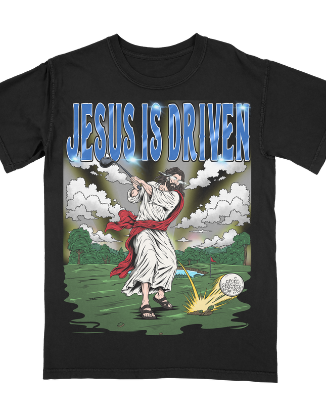 Planet Euphoria Jesus Is Driven golf graphic tee in black, front view.