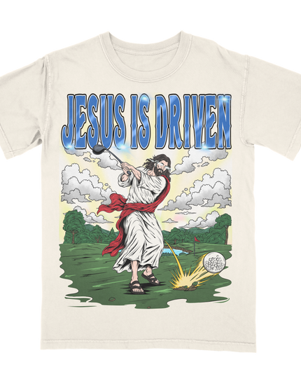 Planet Euphoria Jesus Is Driven golf graphic tee in off-white, front view.