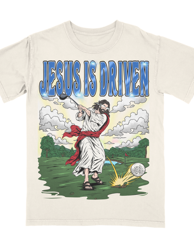 Planet Euphoria Jesus Is Driven golf graphic tee in off-white.