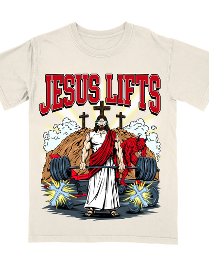 Jesus Lifts Christian faith graphic t-shirt from Planet Euphoria, off-white shirt, front view