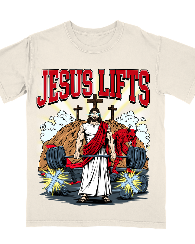 Jesus Lifts Christian faith graphic t-shirt from Planet Euphoria, off-white shirt, front view