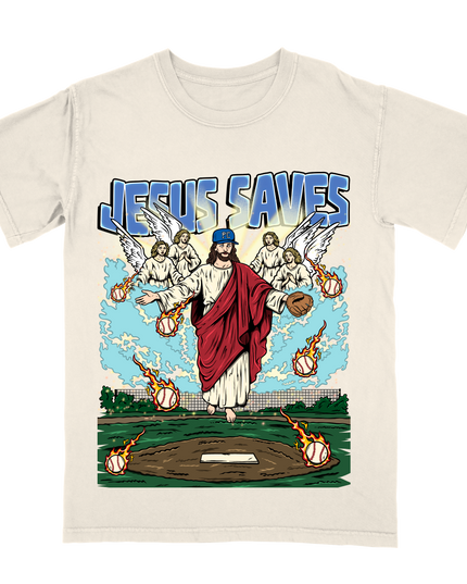 Jesus Saves Baseball graphic tee by Planet Euphoria in white, front view.