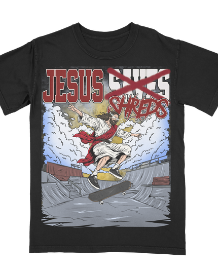 Planet Euphoria Jesus Shreds skateboard graphic tee in black, front view.