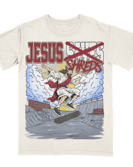 Planet Euphoria Jesus Shreds skateboard graphic tee in off-white.