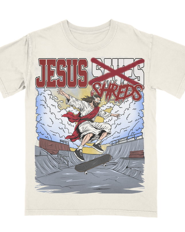 Planet Euphoria Jesus Shreds skateboard graphic tee in off-white.