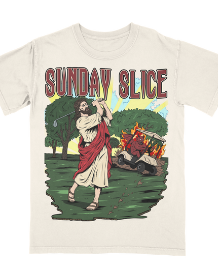 Jesus Sunday Slice Golf graphic tee by Planet Euphoria in off-white, front view.