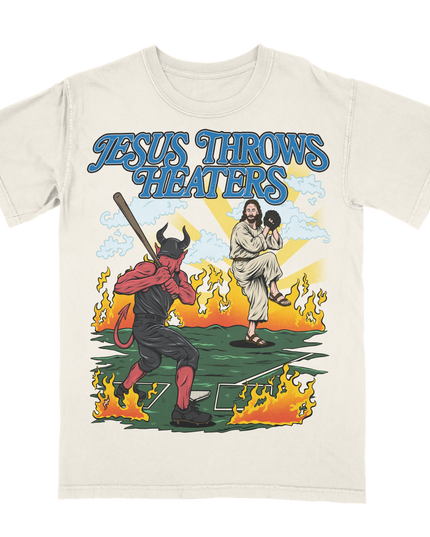 Jesus Throws Heaters funny baseball graphic tee by Planet Euphoria in off-white, front view.