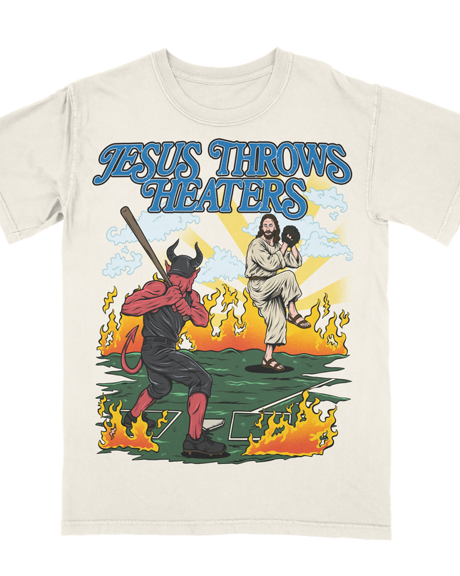 Jesus Throws Heaters funny baseball graphic tee by Planet Euphoria in off-white, front view.