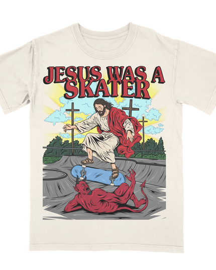 Jesus Was a Skater graphic tee by Planet Euphoria in off-white, front view.