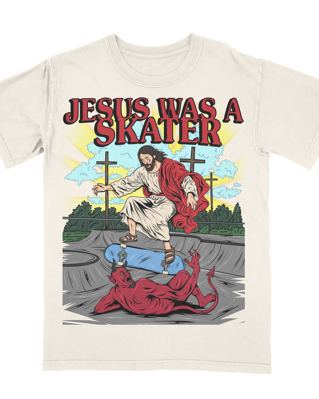 Jesus Was a Skater graphic tee by Planet Euphoria in off-white, front view.