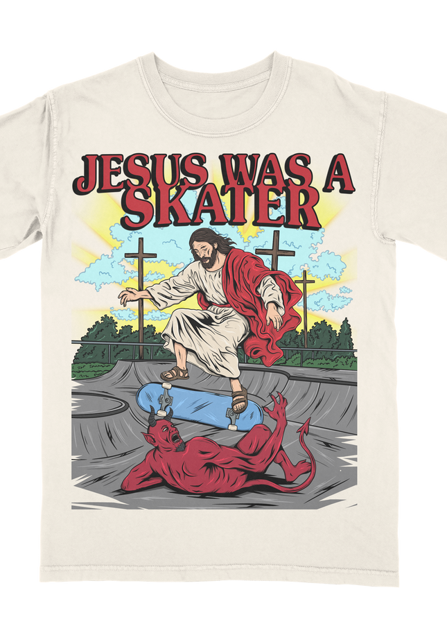 Jesus Was a Skater graphic tee by Planet Euphoria in off-white, front view.