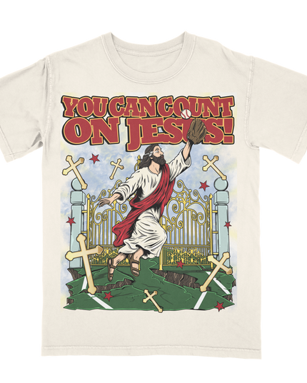 You Can Count on Jesus funny baseball graphic tee by Planet Euphoria in off-white, front view.