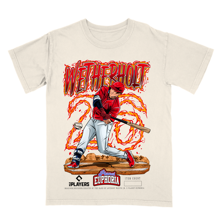 JJ Wetherholt St. Louis action graphic tee by Planet Euphoria in off-white, front view.