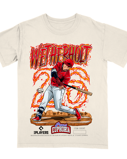 JJ Wetherholt St. Louis action graphic tee by Planet Euphoria in off-white, front view.