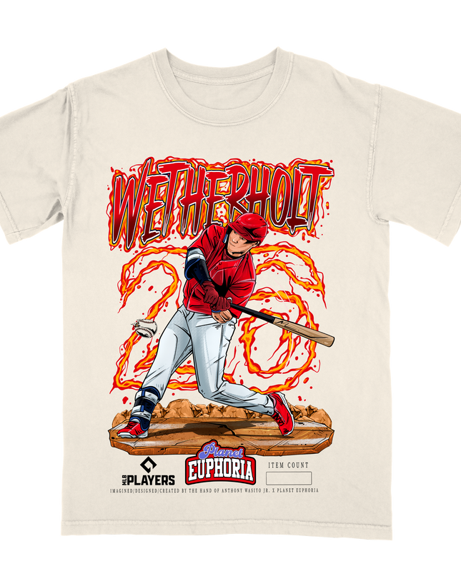 JJ Wetherholt St. Louis action graphic tee by Planet Euphoria in off-white, front view.