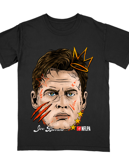 Joe Burrow Fat Head Crown Cincinnati NFLPA graphic t-shirt by Planet Euphoria in black, front view.