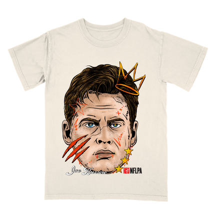Joe Burrow Bengals Fat Head with crown and scratch on face NFLPA graphic t-shirt by Planet Euphoria in off-white, front view.