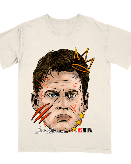 Joe Burrow Bengals Fat Head with crown and scratch on face NFLPA graphic t-shirt by Planet Euphoria in off-white, front view.