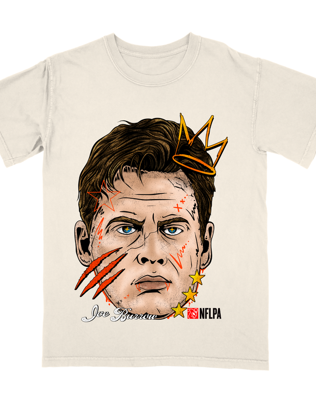Joe Burrow Bengals Fat Head with crown and scratch on face NFLPA graphic t-shirt by Planet Euphoria in off-white, front view.