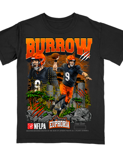 Joe Burrow Bengals NFL player graphic tee V2 by Planet Euphoria in black, front view.