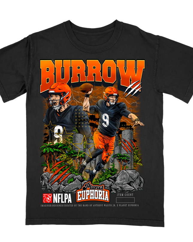 Joe Burrow Bengals NFL player graphic tee V2 by Planet Euphoria in black, front view.