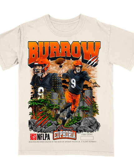 Joe Burrow Bengals NFL player graphic tee V2 by Planet Euphoria in off-white, front view.