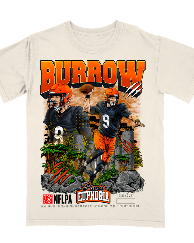 Joe Burrow Bengals NFL player graphic tee V2 by Planet Euphoria in off-white, front view.