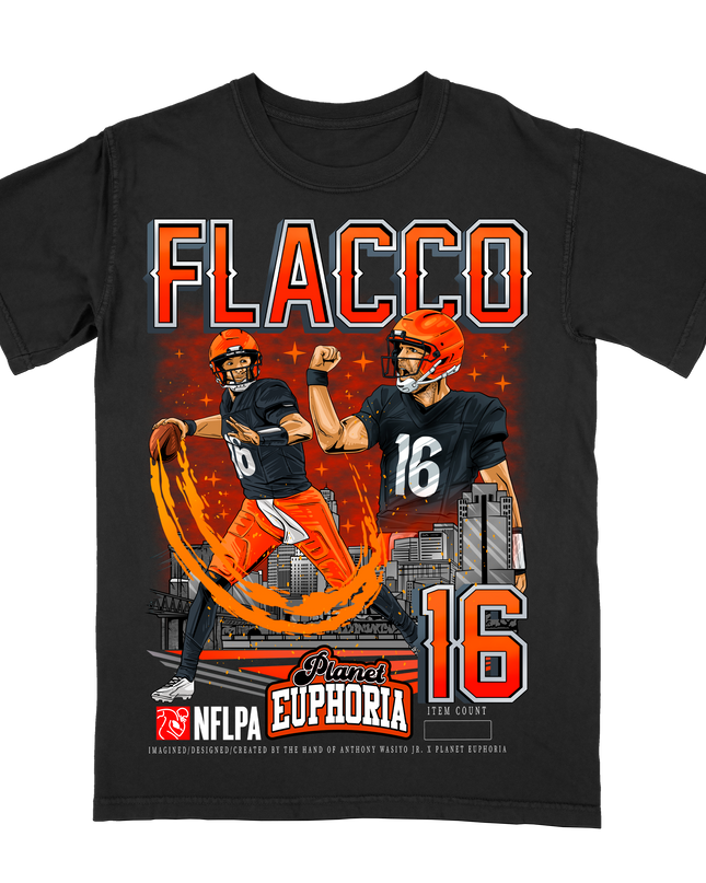 Joe Flacco Cleveland NFL Player graphic tee by Planet Euphoria in black, front view.