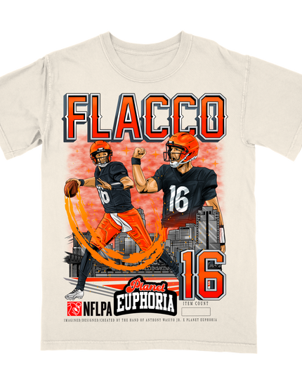 Joe Flacco Cleveland NFL Player graphic tee by Planet Euphoria in off-white, front view.