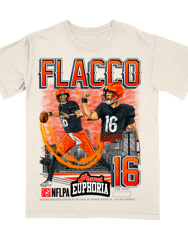 Joe Flacco Cleveland NFL Player graphic tee by Planet Euphoria in off-white, front view.