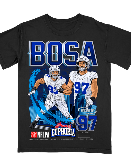 Joey Bosa Buffalo NFL Player graphic tee by Planet Euphoria in black, front view.
