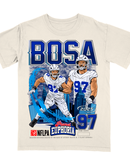 Joey Bosa Buffalo NFL Player graphic tee by Planet Euphoria in off-white, front view.