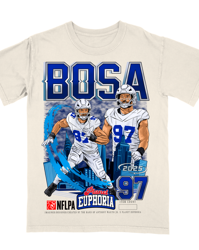 Joey Bosa Buffalo NFL Player graphic tee by Planet Euphoria in off-white, front view.